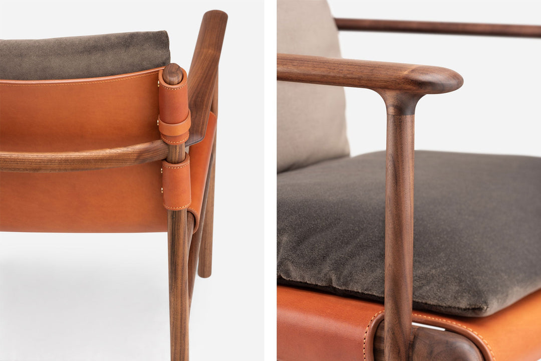 DANISH OILED WALNUT & DARK TAN LEATHER & BALBOA 29 FABRIC