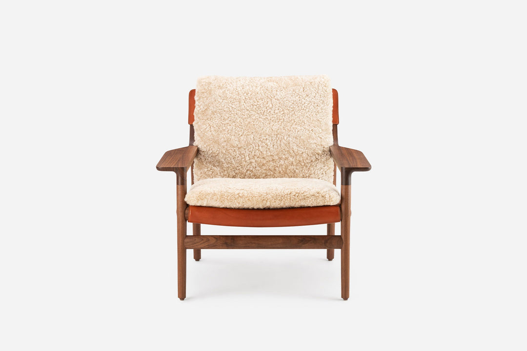 DANISH OILED WALNUT & DARK TAN LEATHER & MOHAWI CURLY WOOL SHEEPSKIN