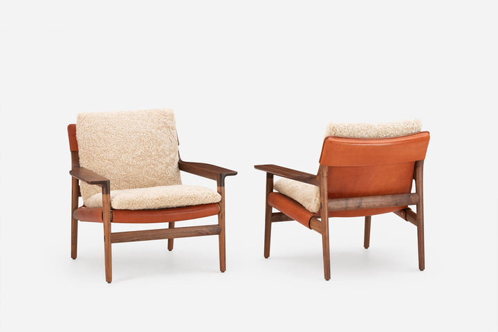 DANISH OILED WALNUT & DARK TAN LEATHER & MOHAWI CURLY WOOL SHEEPSKIN