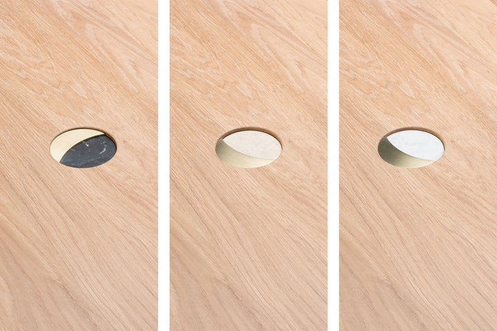 WHITE OILED OAK & BLACK MARQUINA MARBLE, ATAIJA CREME LIMESTONE, CARRARA MARBLE