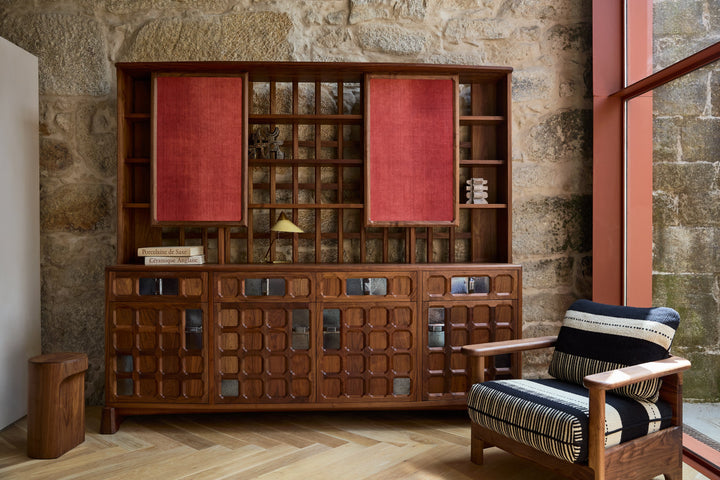 DANISH OILED WALNUT & GREY CERAMIC & MADDER RED FLORES TEXTILE LINEN (MODEL: LF)